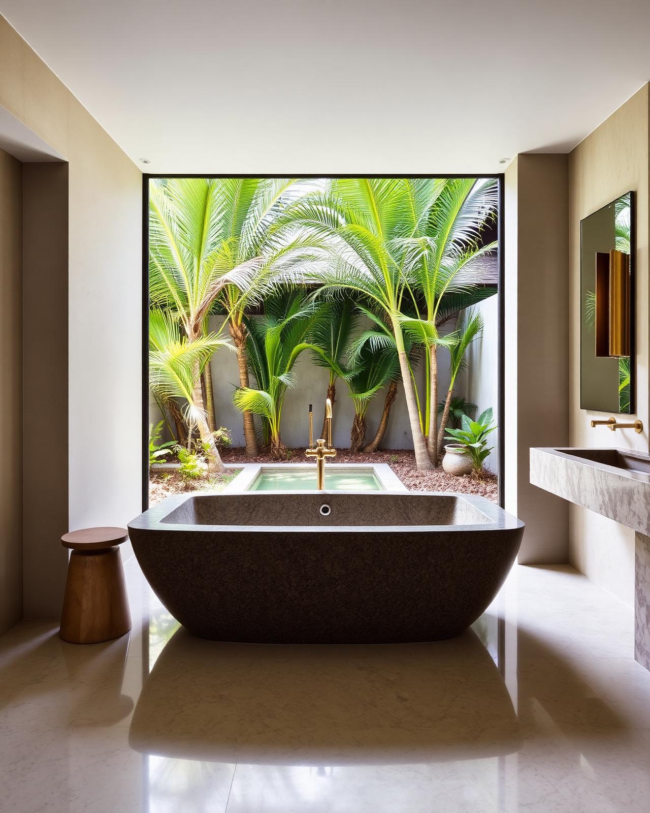 Stone bathtub open to garden